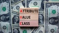 AVC attribute value class symbol. Concept words AVC attribute value class on wooden blocks. Beautiful background from dollar bills