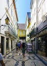 Aveiro, Portugal / August 23, 2017: Classical facade of the village very decorated with pink mosaics representing flowers in