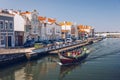 Aveiro, Portugal - June 16, 2018: Traditional boats on the canal in Aveiro, Portugal. Colorful Moliceiro boat rides in Aveiro are Royalty Free Stock Photo