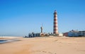 Aveiro, Portugal - March 2019: Empty Barra beach with a clear blue sky, with the Lighthouse of Praia da Barra.