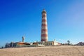 Aveiro, Portugal - March 2019: The Lighthouse of Praia da Barra against a clear blue sky. Deserted beach.