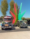 Chevrolet 1942 bus and a Ford 1935 cabriolet. Expo Fierros 2021 classic car show. Copyspace