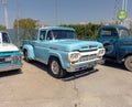 old light blue utility pickup truck Ford F 100 late 1950s. Expo Fierros 2021 classic car show Royalty Free Stock Photo