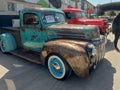 old rusty pickup truck Ford. 1940s utility car. Side View. Expo Fierros 2021 Royalty Free Stock Photo