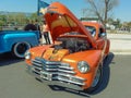 orange Chevrolet Fleetmaster 1947  coupe classic car. Open hood showing engine. Expo Fierros 2021 Royalty Free Stock Photo