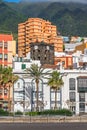 Avenida Maritima with the bell tower of the church Iglesia Colegial del Divino Salvador on La Palma, Canary Islands