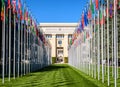 Avenue of flags and Palace of Nations in Geneva, Switzerland