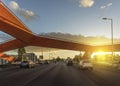 Avenue in lisbon portugal, with pedestrian bridge, cars to circulate and sunset, lisbon portugal segunda circular Royalty Free Stock Photo