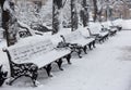 Avenue with a row of benches during strong wind and snowstorm at winter in Moscow, Russia. Scenic view of a snowy city Royalty Free Stock Photo