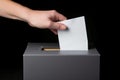 average citizen hand casting a vote paper election ballot in a voting box on a geen background. Caucasian man putting a balloting