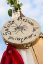 AVETRANA, ITALY - JUNE 16,2018 Tambourine for pizzica of Salento, national musical instrument, Salento, Apulia, Italy, vertical Royalty Free Stock Photo