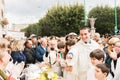 AVETRANA, ITALY - MARCH, 19, 2019. The priest blesses the food. Italian Easter tradition from Salento: Tria di St. Giuseppe, the