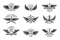 Avia badges. Pilot logotypes with stylized wings and place for personal text recent vector template