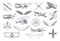 Avia badges. Propellers wings airplanes helicopters stylized symbols for travel company exact vector templates Royalty Free Stock Photo