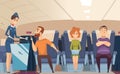 Avia passengers. Boarding stewardess offers food to sitting man in airplane board vector cartoon background Royalty Free Stock Photo
