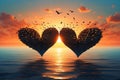 Avian Love: Flying Birds Forming Heart Shape in the Sunset Sky Royalty Free Stock Photo