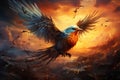 Avian twilight Abstract bird emerges in sunlit clouds during vibrant sunset