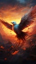 Avian twilight Abstract bird emerges in sunlit clouds during vibrant sunset