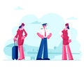 Aviation Aircrew Characters. Pilot and Stewardesses Wearing Uniform and Luggage Standing on Airport with Flying Jet Plane Royalty Free Stock Photo