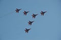 Aviation group `Swifts` on the MiG-29 demonstrates aerobatics at an Airshow Royalty Free Stock Photo