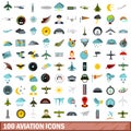 100 aviation icons set, flat style