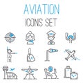 Aviation icons vector set airline outline graphic illustration flight airport transportation passenger design departure.