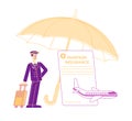 Aviation Insurance Concept. Pilot with Luggage Stand near Paper Policy Document under Huge Umbrella and Flying Airplane
