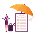 Aviation Insurance Concept. Stewardess Character with Baggage at Huge Paper Policy Document under Umbrella