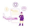 Aviation Insurance Concept. Stewardess Stand near Paper Policy Document and Flying Airplane. Aerial Travel