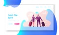 Aviation Insurance Landing Page Template. Pilot and Stewardess Characters with Luggage Prepare Flying on Airplane