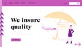 Aviation Insurance Landing Page Template. Stewardess Character Hold Paper Policy Document under Huge Umbrella