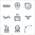 aviation line icons. linear set. quality vector line set such as airplane, pilot, control lever, quadrocopter, suitcase, plane,