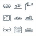 aviation line icons. linear set. quality vector line set such as hangar, departure, sunglasses, baggage, safety belt, flight, wind