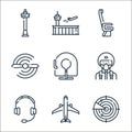 aviation line icons. linear set. quality vector line set such as radar, passenger, headphones, military, safety, engine, passenger