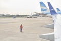 Aviation marshaller view from a Boeing 737-700 jet of Aerolineas Argentinas Royalty Free Stock Photo