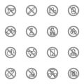 Aviation prohibited items line icons set