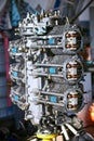 Aviation six-cylinder boxer engine air cooling shot for repair. Royalty Free Stock Photo