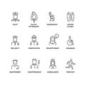 Aviation staff linear vector icons. Pilot, passenger, stewardess, security officer outline symbols