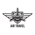 Aviation training center emblem template with retro airplane. Design element for logo, label, emblem, sign.