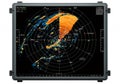 Aviation Weather Radar Screen Displaying Orange and Blue Patterns on a Black Background Royalty Free Stock Photo