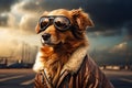 Aviator Pup Dog Pilot in Flight Jacket and Sunglasses with a View. AI