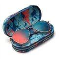 Aviator sunglasses with colorful mirrored lenses in a patterned protective case Royalty Free Stock Photo