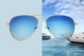 Aviator sunglasses isolated on blue and summer background with boats on the sea and blue sky, concept of polarized protective Royalty Free Stock Photo