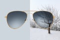 Aviator sunglasses isolated on blue and winter background with snow covered trees, concept of polarized protective lenses Royalty Free Stock Photo