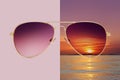 Aviator sunglasses isolated on pink and summer sunset background with sea and red sky, concept of polarized protective lenses Royalty Free Stock Photo