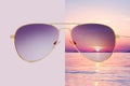 Aviator sunglasses isolated on purple and summer sunset background with sea and red sky, concept of polarized protective lenses Royalty Free Stock Photo