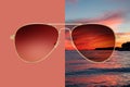 Aviator sunglasses isolated on red and summer sunset background with sea and red sky, concept of polarized protective lenses Royalty Free Stock Photo