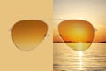 Aviator sunglasses isolated on yellow and summer sunset background with sea and red sky, concept of polarized protective lenses Royalty Free Stock Photo
