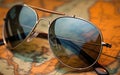 Aviator sunglasses laying over a world map on a destination. Travel, exploration and adventure concept