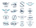 Aviators. Airplanes wings and propellers stylized badges with place for text exact vector business logotypes collection